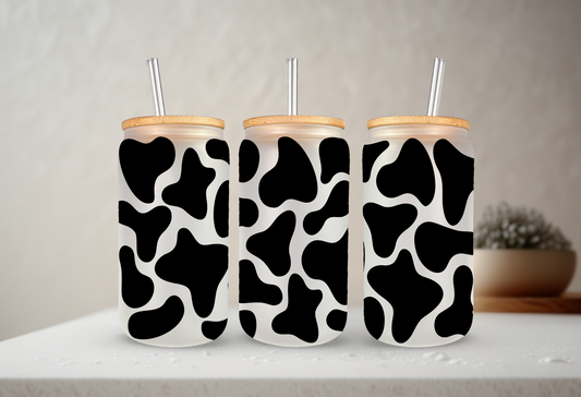 Cow Print SPARKLE | 20 oz Frosted Glass Libbey Can Glass with Bamboo Lid & Straw