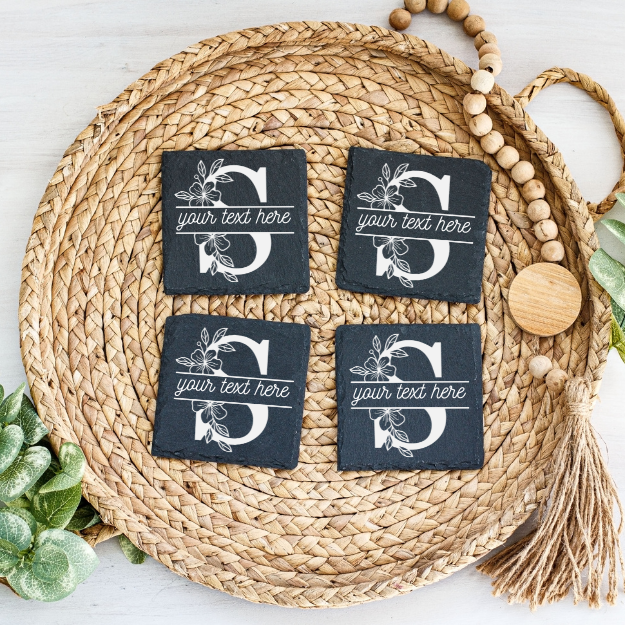 PERSONALIZED Floral Monogram | ENGRAVED | Slate Coaster [set of 4]