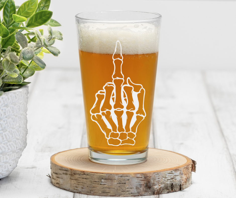 Skelly Middle Finger | ENGRAVED | 16 oz Pint Glass