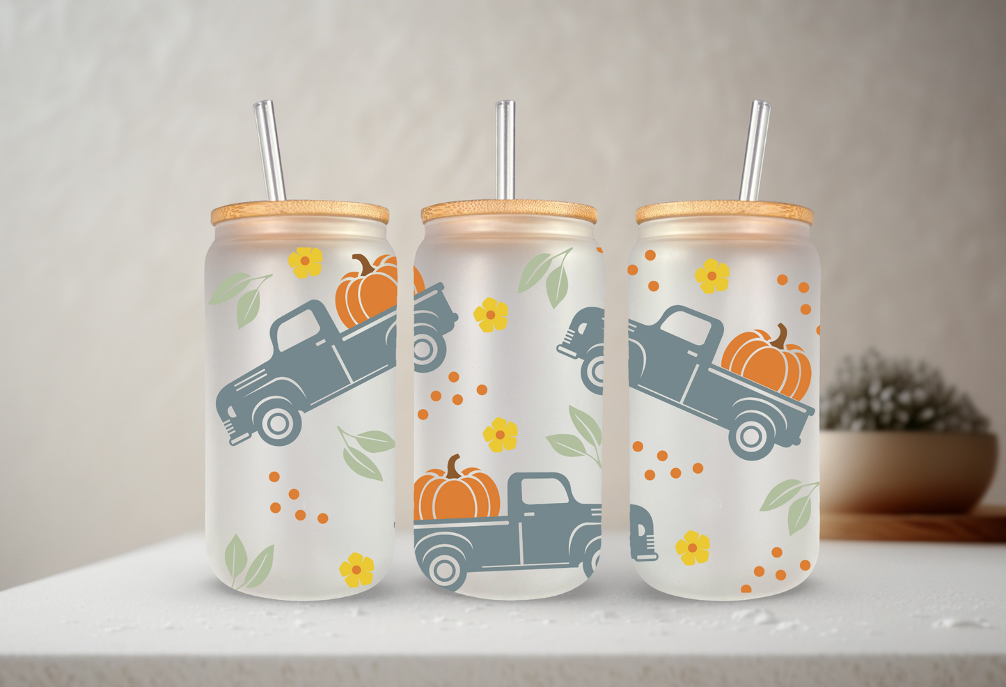 Fall Trucks | VINYL | 20 oz Libbey Can Glass with Bamboo Lid & Straw