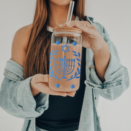 Hanukkah | UVDTF | 20 oz Libbey Can Glass with Bamboo Lid & Straw