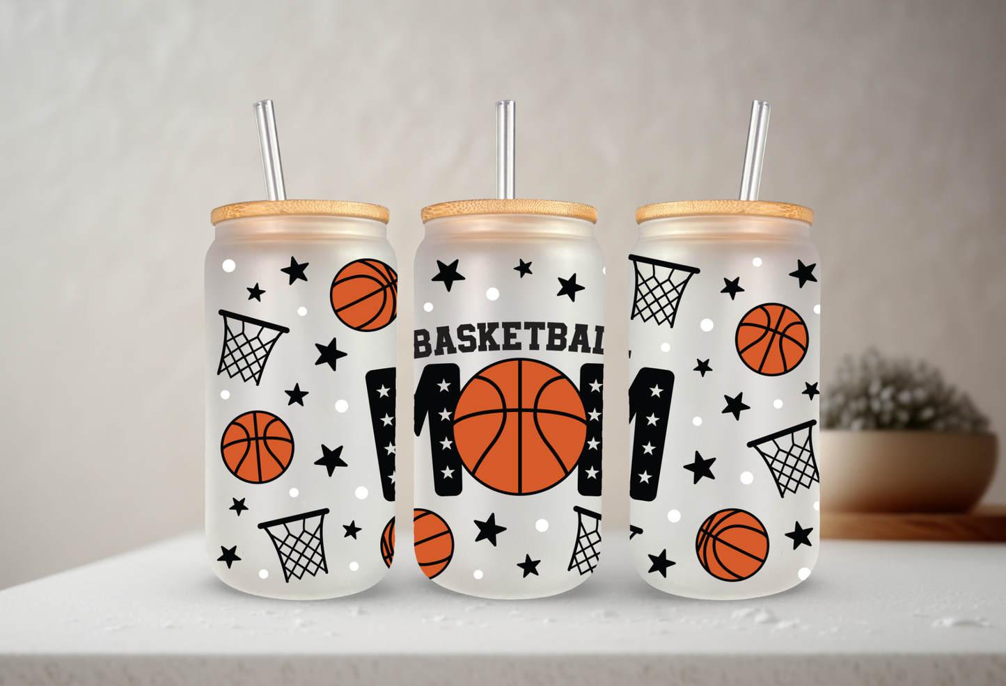 Basketball Mom | VINYL | 20 oz Libbey Can Glass with Bamboo Lid & Straw