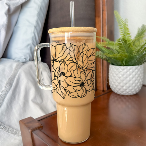 Magnolia | VINYL | 40 oz Clear Glass Tumbler with Bamboo Lid & Straw