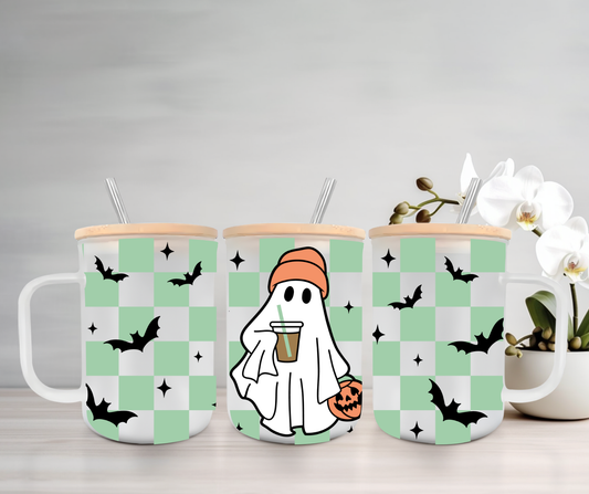 Cozy Ghost | VINYL | 15oz Mug with Handle, Bamboo Lid & Straw