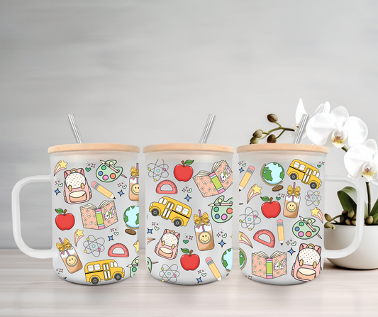Teacher Things | UVDTF | 15oz Mug with Handle, Bamboo Lid & Straw