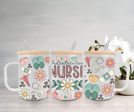 Pediatric ICU Nurse (PICU) | UVDTF | 15oz Mug with Handle, Bamboo Lid & Straw