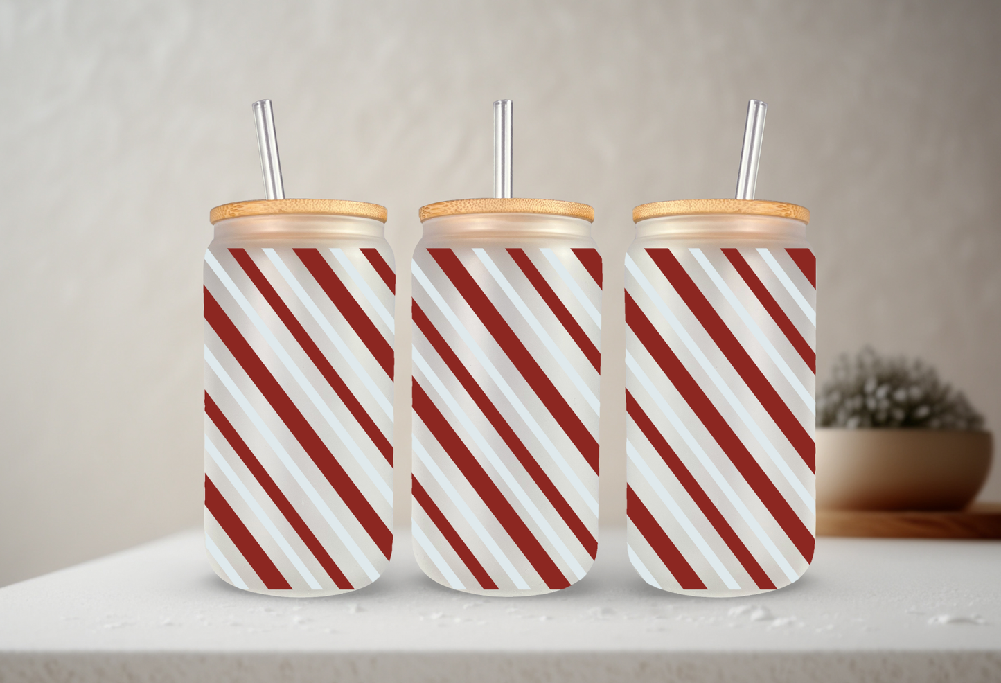 Candy Cane Stripes | VINYL | 20 oz Libbey Can Glass with Bamboo Lid & Straw