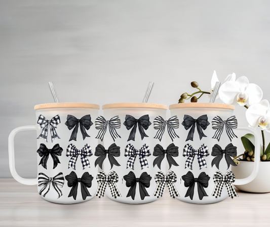 Black Check Coquette | UVDTF | 15oz Mug with Handle, Bamboo Lid & Straw