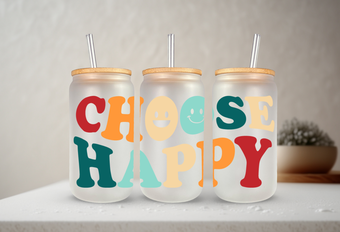 Choose Happy | VINYL | 20 oz Libbey Can Glass with Bamboo Lid & Straw