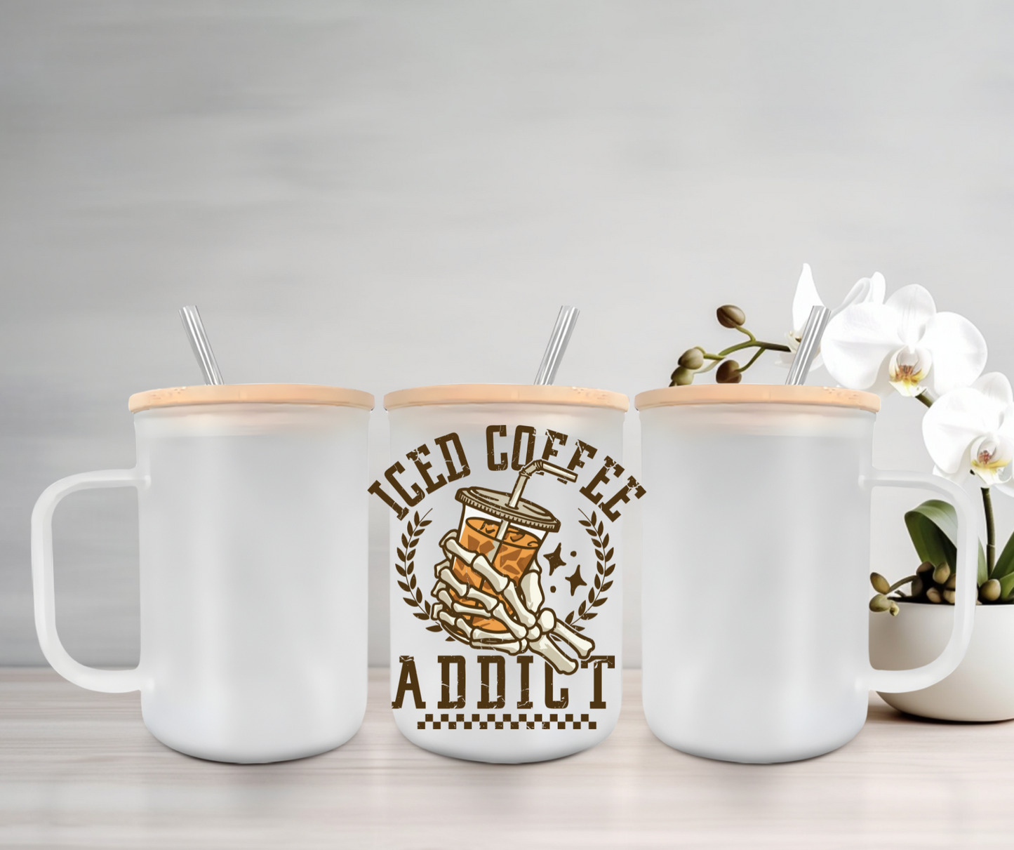Iced Coffee Addict | UVDTF | 15oz Mug with Handle, Bamboo Lid & Straw