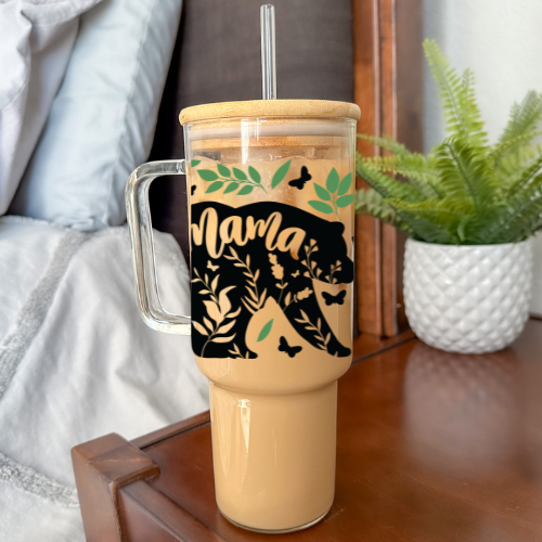 Mama Bear | VINYL | 40 oz Clear Glass Tumbler with Bamboo Lid & Straw