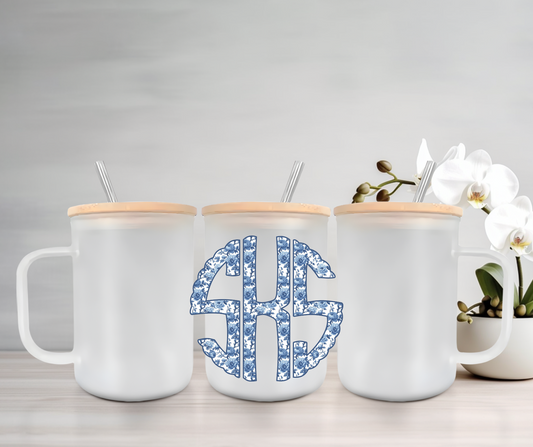 Blue Chinoiserie Monogram | UVDTF | 15oz Mug with Handle, Bamboo Lid & Straw