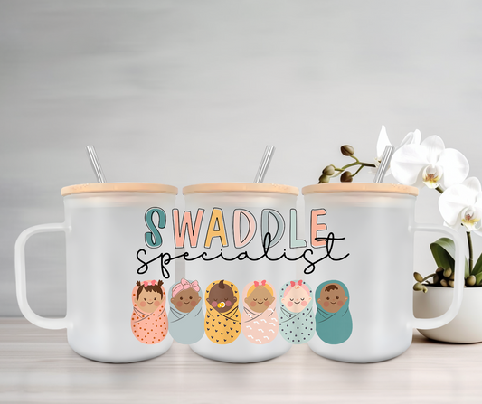 Swaddle Specialist | UVDTF | 15oz Mug with Handle, Bamboo Lid & Straw