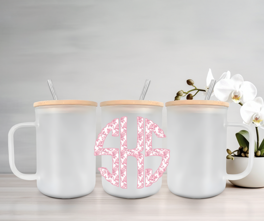 Pink Chinoiserie Monogram | UVDTF | 15oz Mug with Handle, Bamboo Lid & Straw
