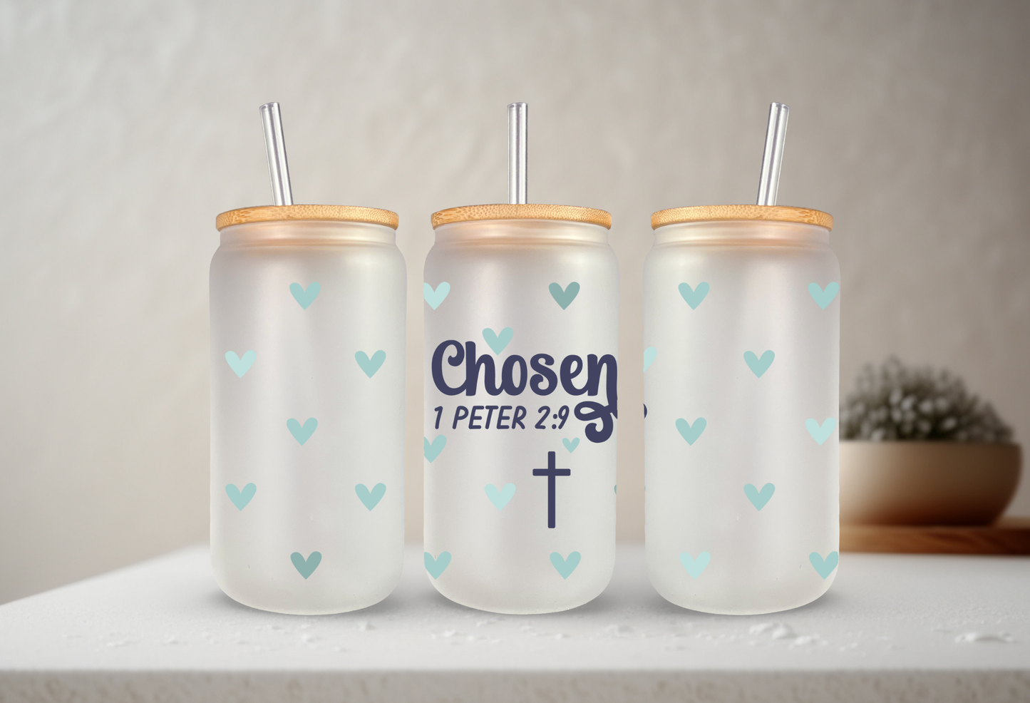 Chosen 1 Peter 2:9 | VINYL | 20 oz Libbey Can Glass with Bamboo Lid & Straw