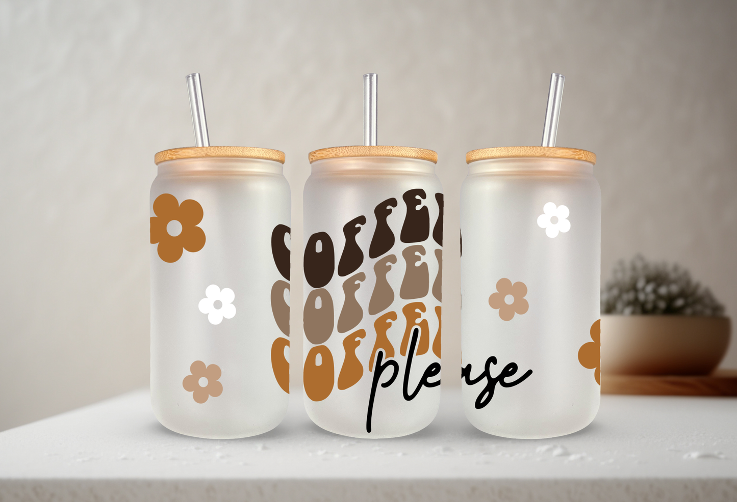 Coffee Please | VINYL | 20 oz Libbey Can Glass with Bamboo Lid & Straw