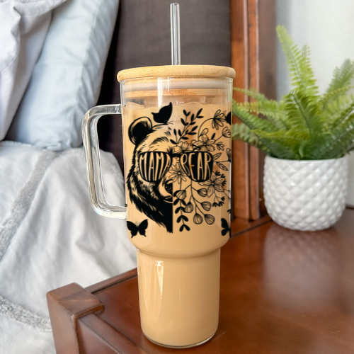 Mama Bear Sunglasses | VINYL | 40 oz Clear Glass Tumbler with Bamboo Lid & Straw