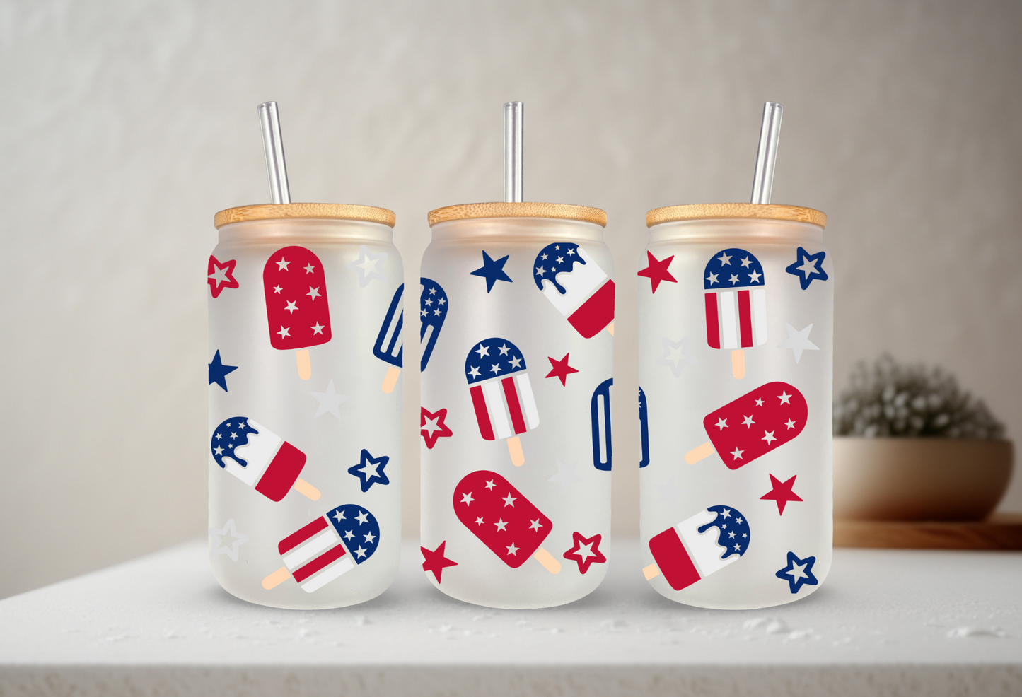 Patriotic Popsicles | VINYL | 20 oz Libbey Can Glass with Bamboo Lid & Straw