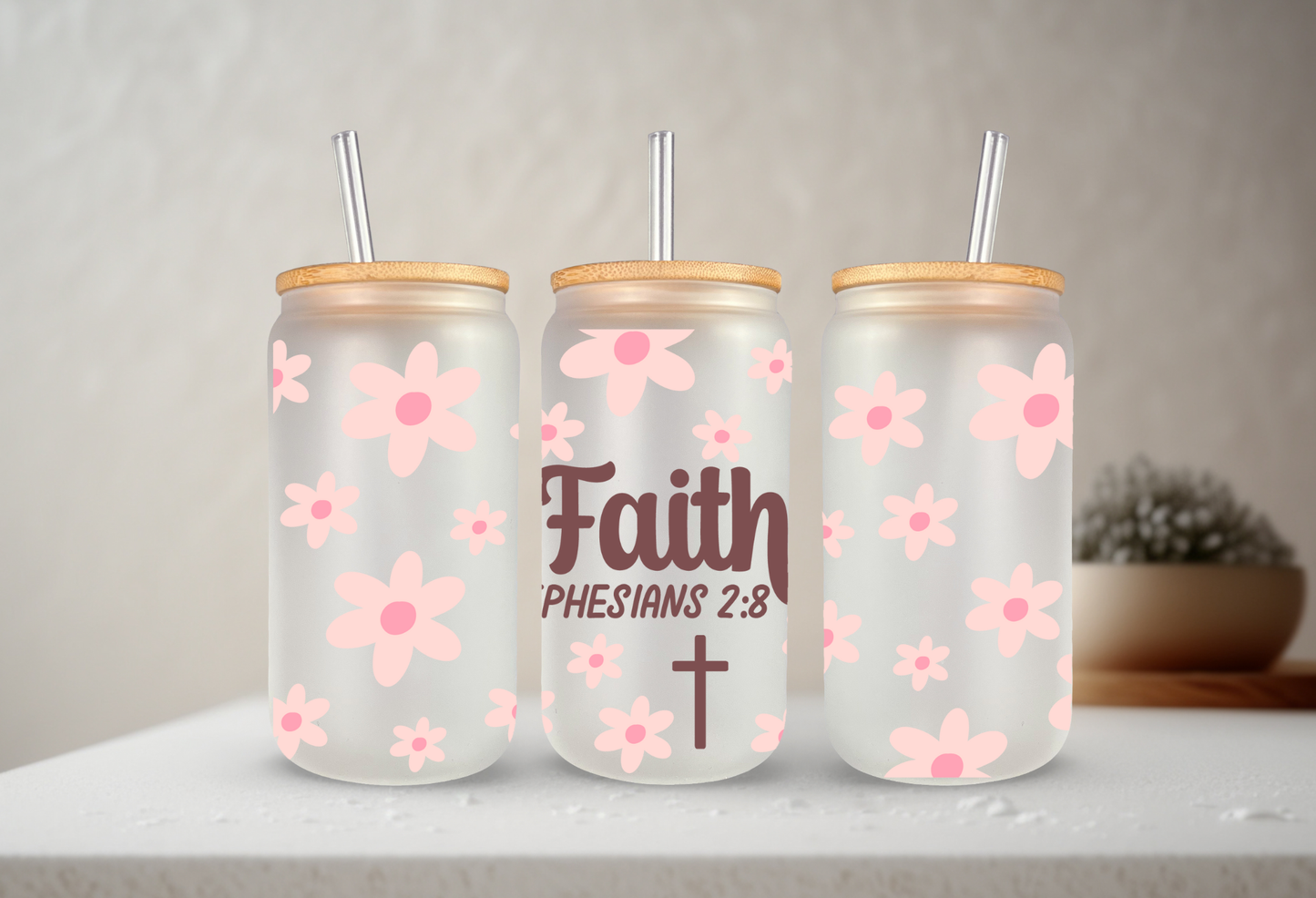 Faith Ephesians 2:8 | VINYL | 20 oz Libbey Can Glass with Bamboo Lid & Straw