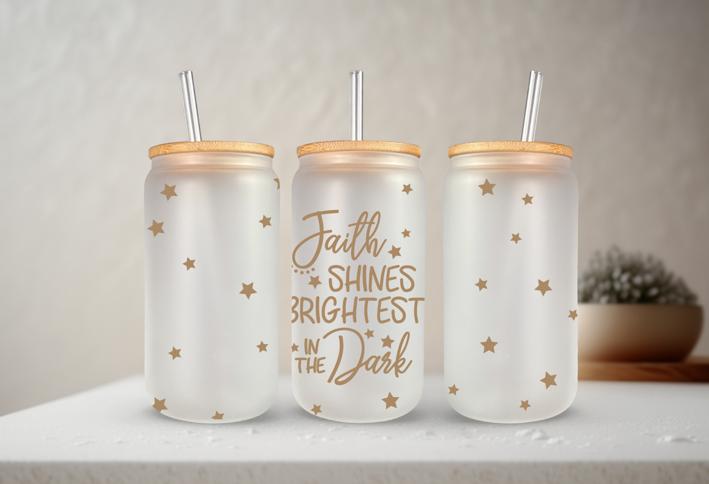 Faith Shines Brightest In The Dark | VINYL | 20 oz Libbey Can Glass with Bamboo Lid & Straw