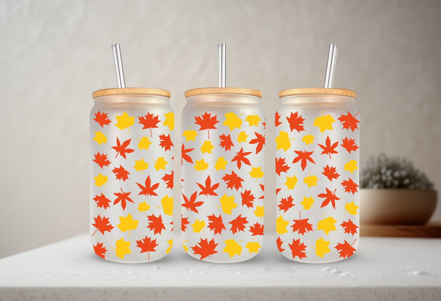 Fall Leaves | VINYL | 20 oz Libbey Can Glass with Bamboo Lid & Straw