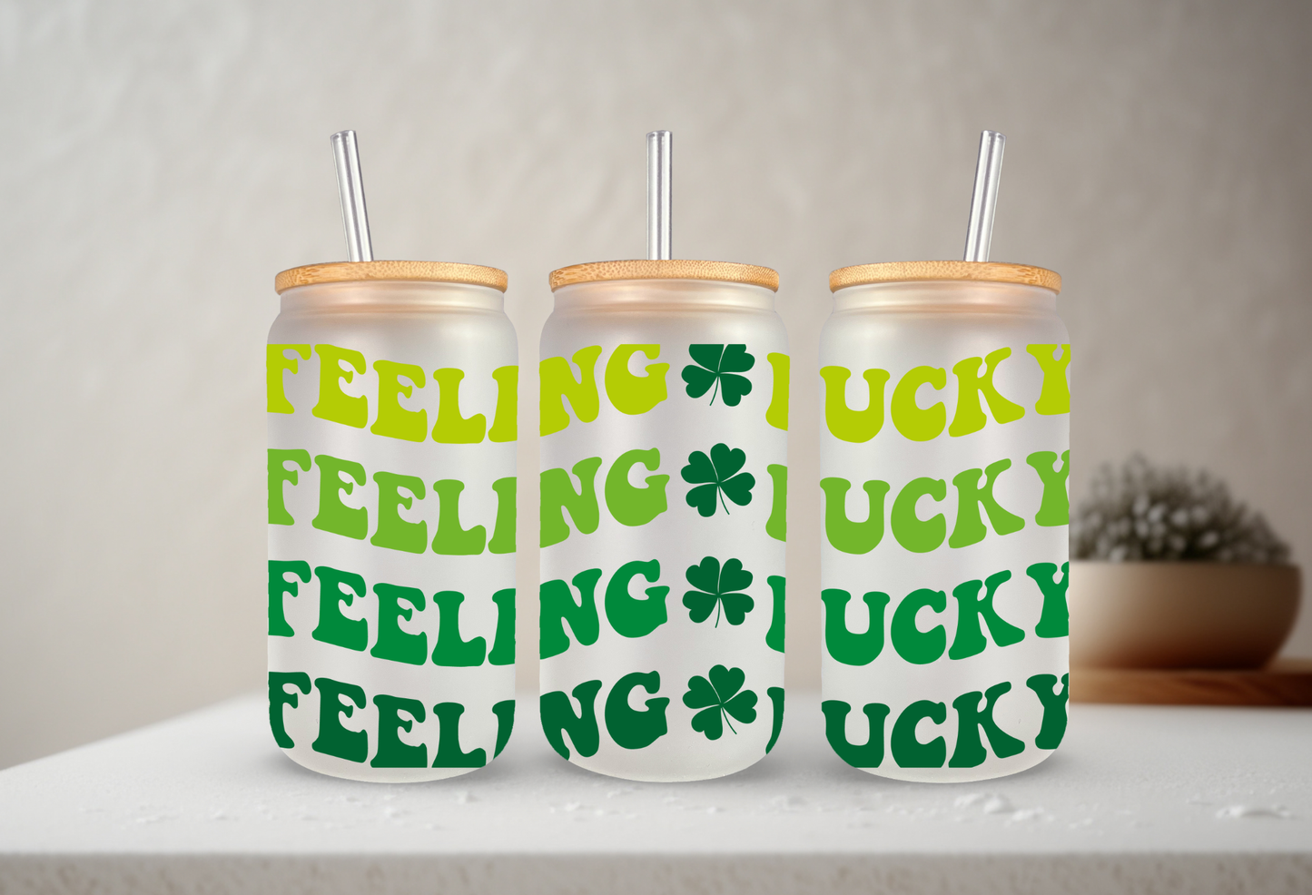 Feeling Lucky | VINYL | 20 oz Libbey Can Glass with Bamboo Lid & Straw