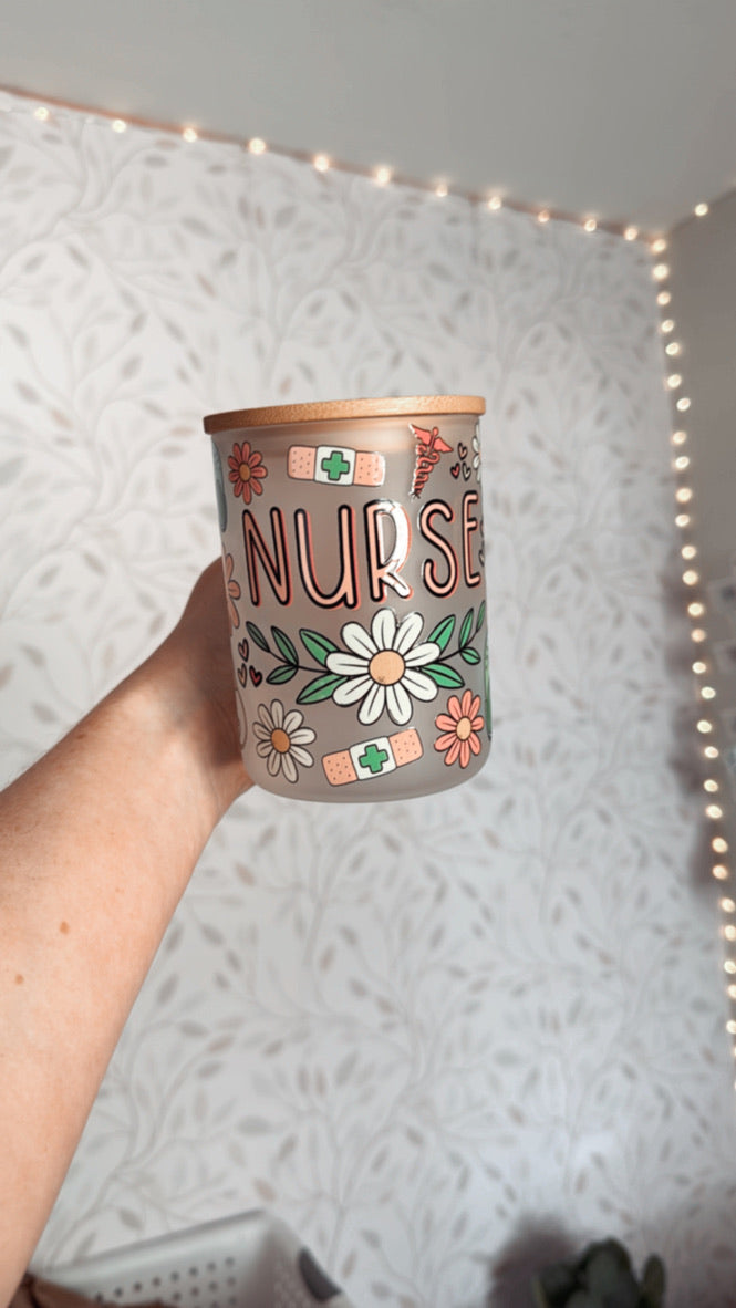Boho Floral Nurse | UVDTF | 15oz Mug with Handle, Bamboo Lid & Straw