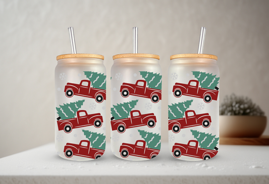 Festive Trucks | VINYL | 20 oz Libbey Can Glass with Bamboo Lid & Straw