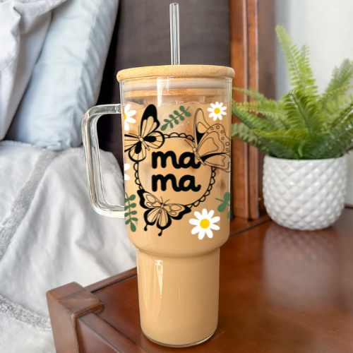 Mama Daisy | VINYL | 40 oz Clear Glass Tumbler with Bamboo Lid & Straw