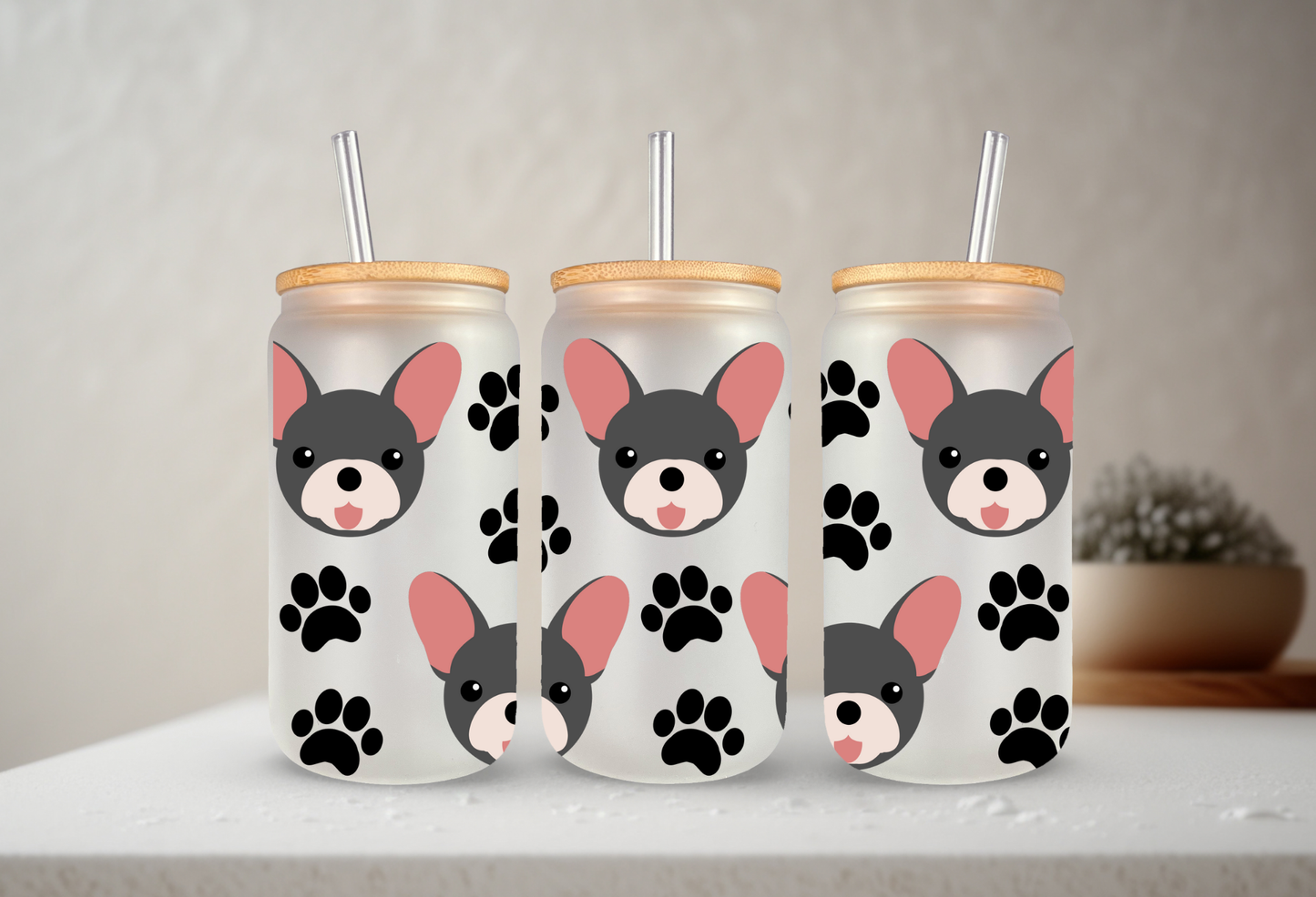 French Bulldog | VINYL | 20 oz Libbey Can Glass with Bamboo Lid & Straw