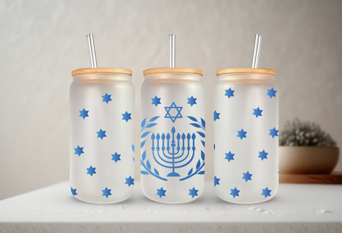 Hanukkah | VINYL | 20 oz Libbey Can Glass with Bamboo Lid & Straw