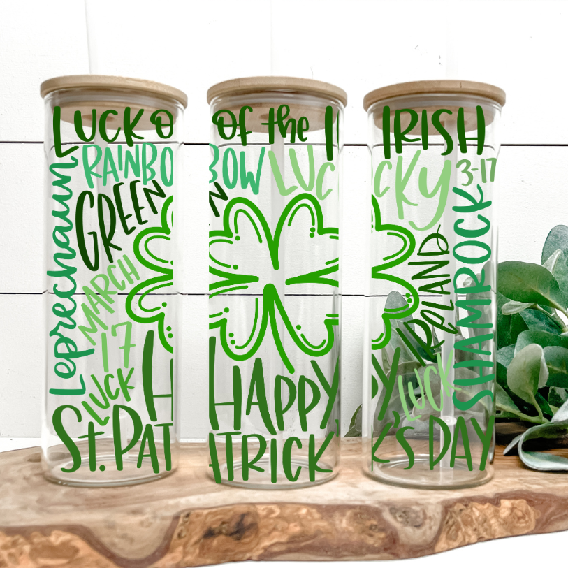 Shamrock Typography | VINYL | 25oz Skinny Glass Tumbler