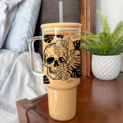 Monstera Skull | VINYL | 40 oz Clear Glass Tumbler with Bamboo Lid & Straw