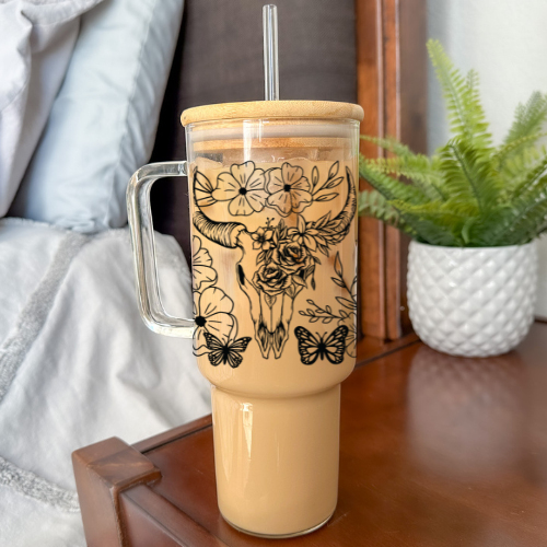 Floral Bull Skull | VINYL | 40 oz Clear Glass Tumbler with Bamboo Lid & Straw