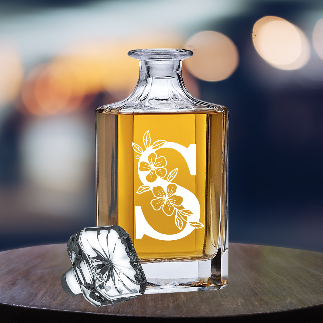 Floral Monogram | ENGRAVED | 26oz Glass Decanter