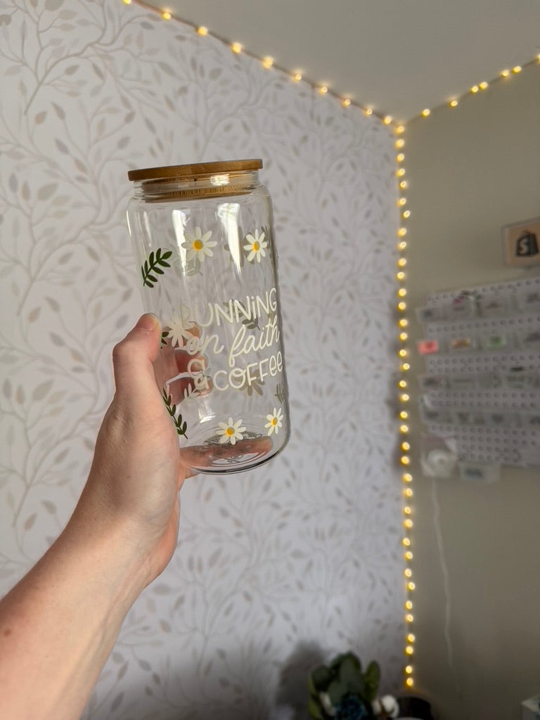 Running on Faith & Coffee | UVDTF | 20 oz Libbey Can Glass with Bamboo Lid & Straw