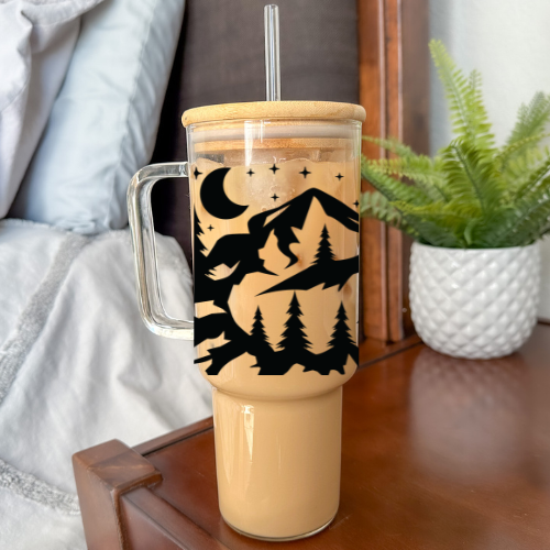 Mountains | VINYL | 40 oz Clear Glass Tumbler with Bamboo Lid & Straw