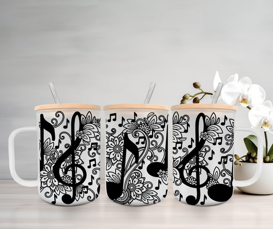 Floral Music | UVDTF | 15oz Mug with Handle, Bamboo Lid & Straw