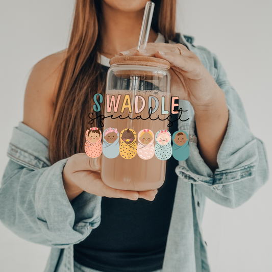 Swaddle Specialist | UVDTF | 20 oz Libbey Can Glass with Bamboo Lid & Straw