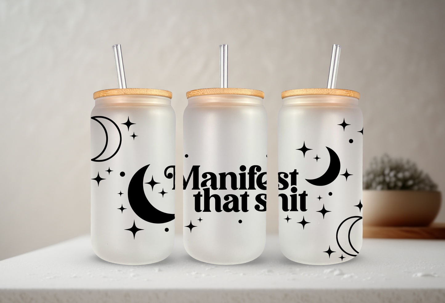 Manifest That Shit | VINYL | 20 oz Libbey Can Glass with Bamboo Lid & Straw