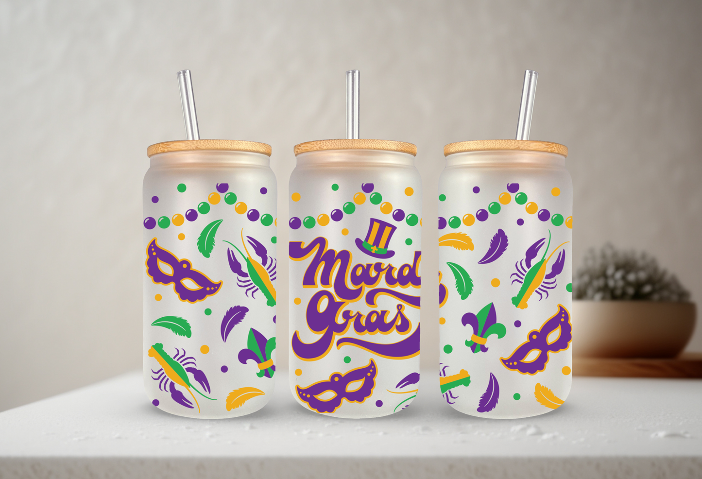 Mardi Gras | VINYL | 20 oz Libbey Can Glass with Bamboo Lid & Straw