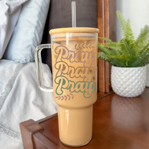 Pray Pray Pray | VINYL | 40 oz Clear Glass Tumbler with Bamboo Lid & Straw