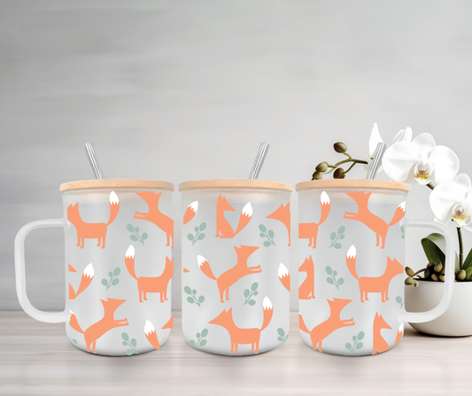 Foxes | UVDTF | 15oz Mug with Handle, Bamboo Lid & Straw