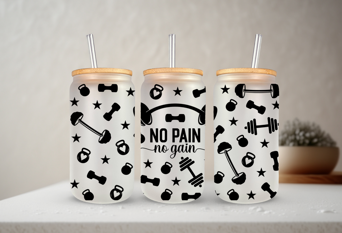 No Pain, No Gain | VINYL | 20 oz Libbey Can Glass with Bamboo Lid & Straw