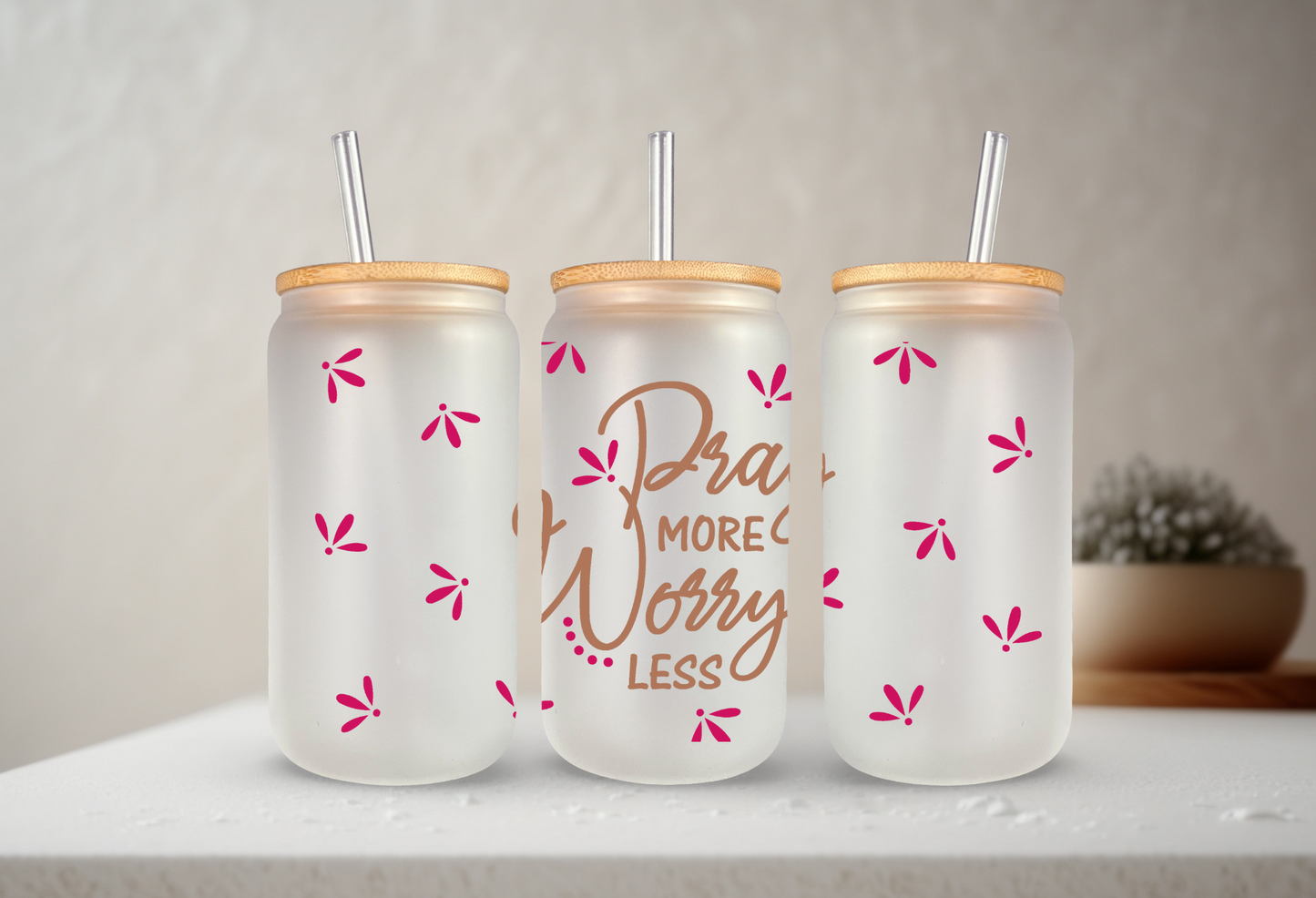 Pray More, Worry Less | VINYL | 20 oz Libbey Can Glass with Bamboo Lid & Straw