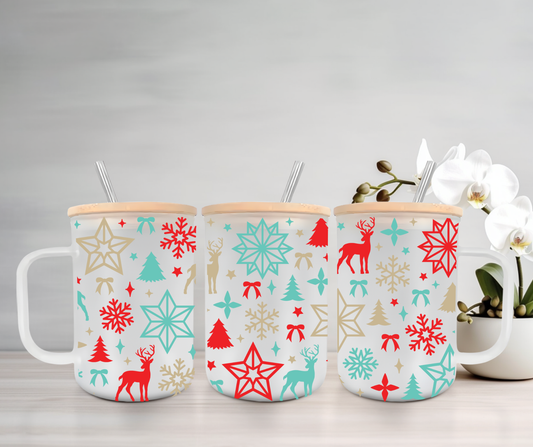 Geometric Christmas | VINYL | 15oz Mug with Handle, Bamboo Lid & Straw