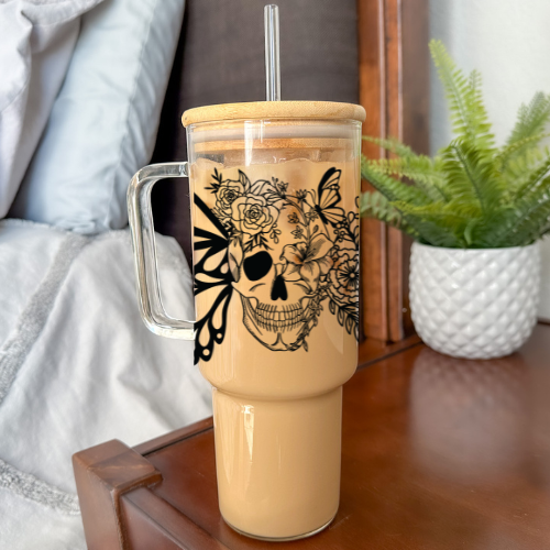 Skull Butterflies | VINYL | 40 oz Clear Glass Tumbler with Bamboo Lid & Straw