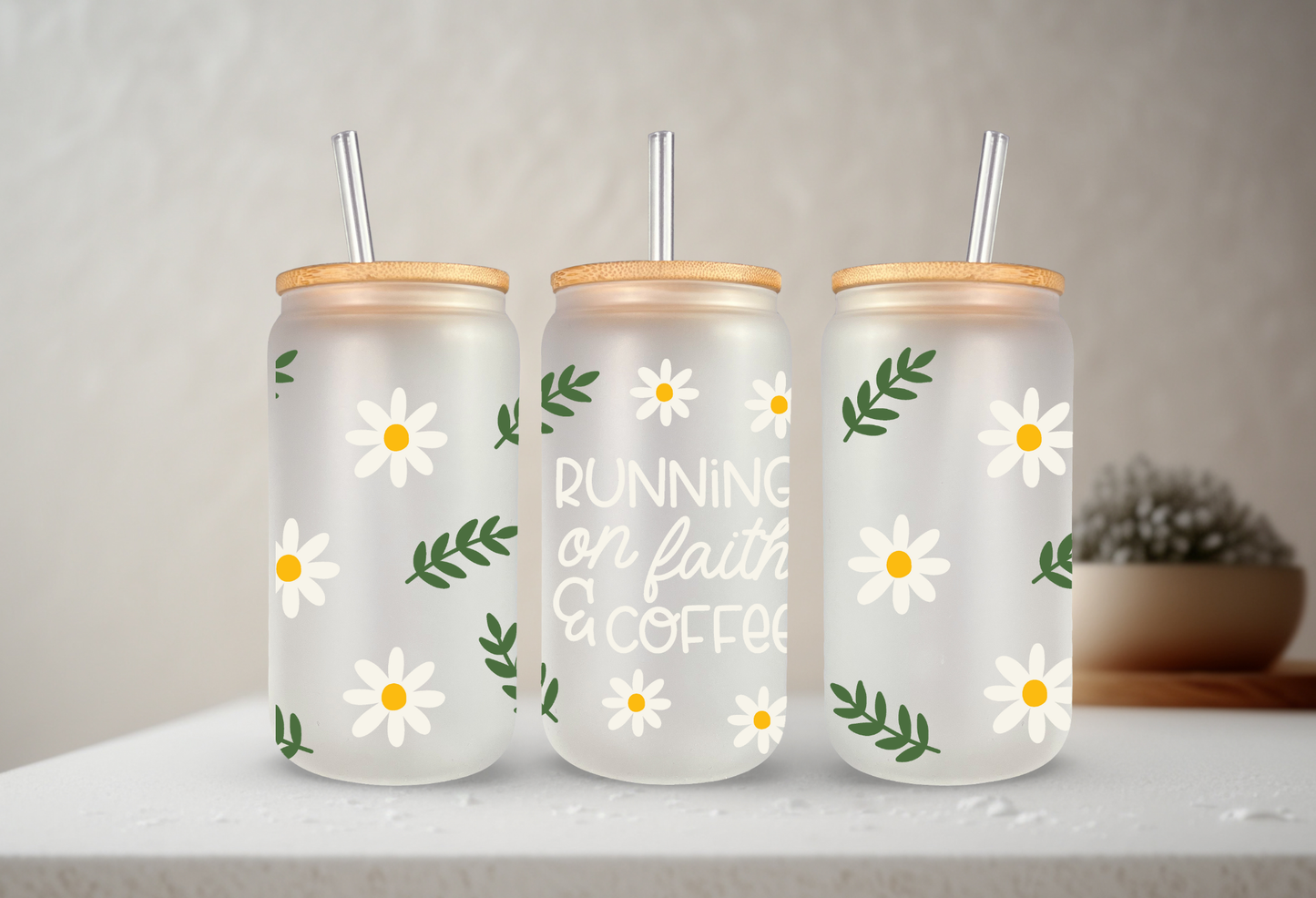 Running on Faith & Coffee | VINYL | 20 oz Libbey Can Glass with Bamboo Lid & Straw