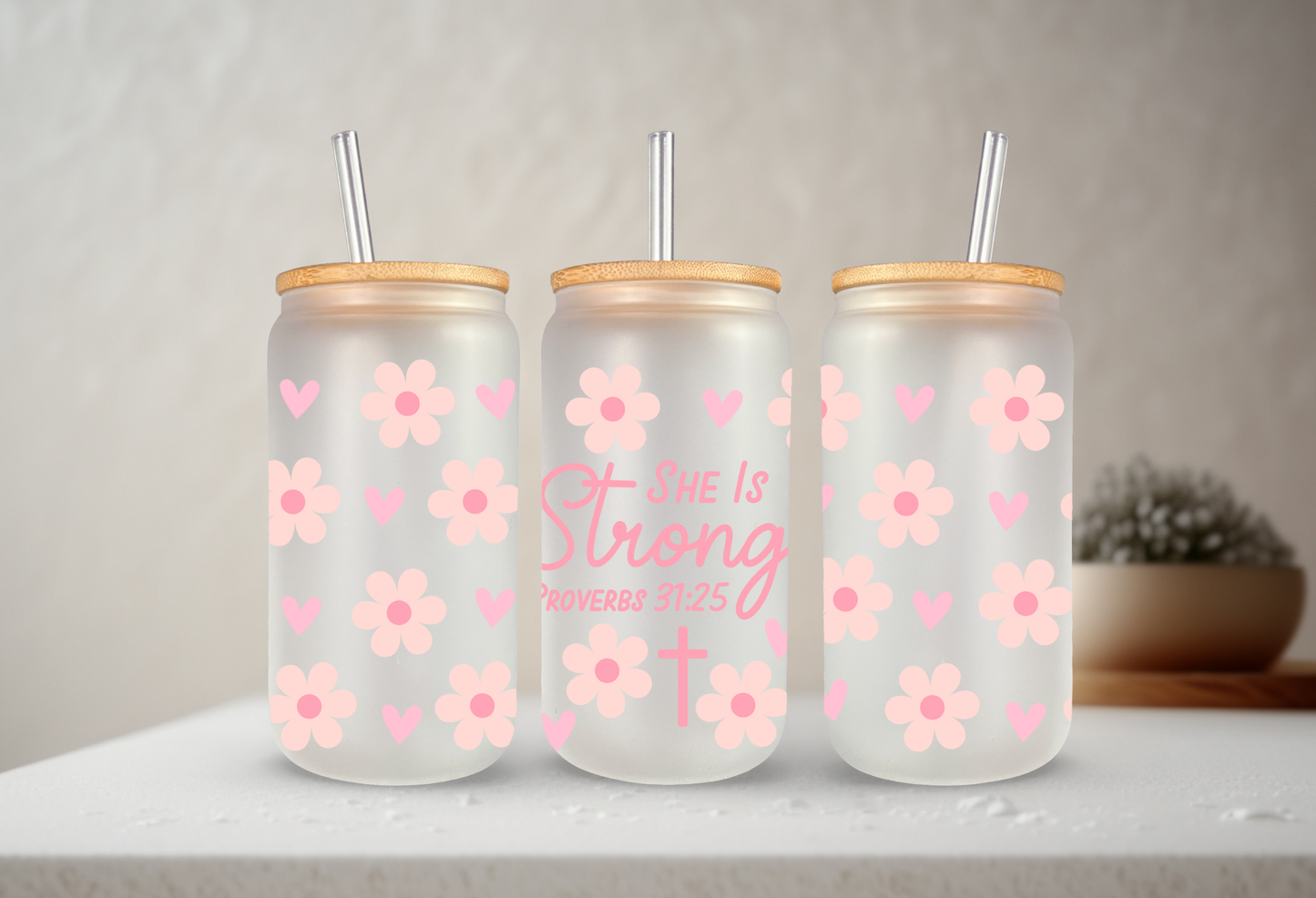 She Is Strong - Proverbs 31:25 | VINYL | 20 oz Libbey Can Glass with Bamboo Lid & Straw