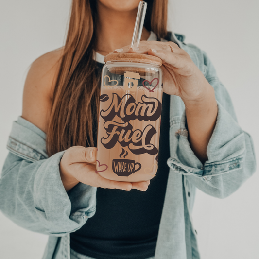 Mom Fuel - Coffee | UVDTF | 20 oz Libbey Can Glass with Bamboo Lid & Straw